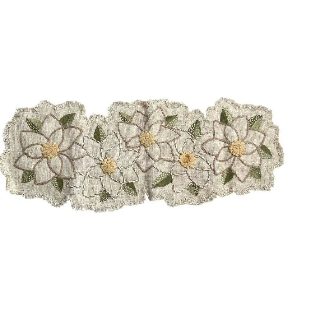 Pier 1 Imports Table Runner 37”x14” Tan Green Floral Natural Fiber Embroidered